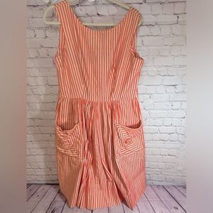 VINTAGE Handcrafted Full Skirt Retro Cottagecore Orange Cream Striped Dress L